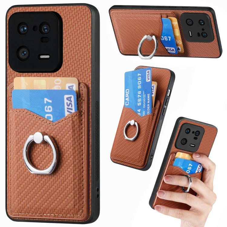 

For Xiaomi 13 Pro Carbon Fiber Card Wallet Ring Holder Phone Case(Brown)