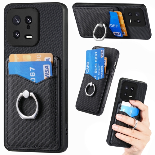 

For Xiaomi 13 Carbon Fiber Card Wallet Ring Holder Phone Case(Black)