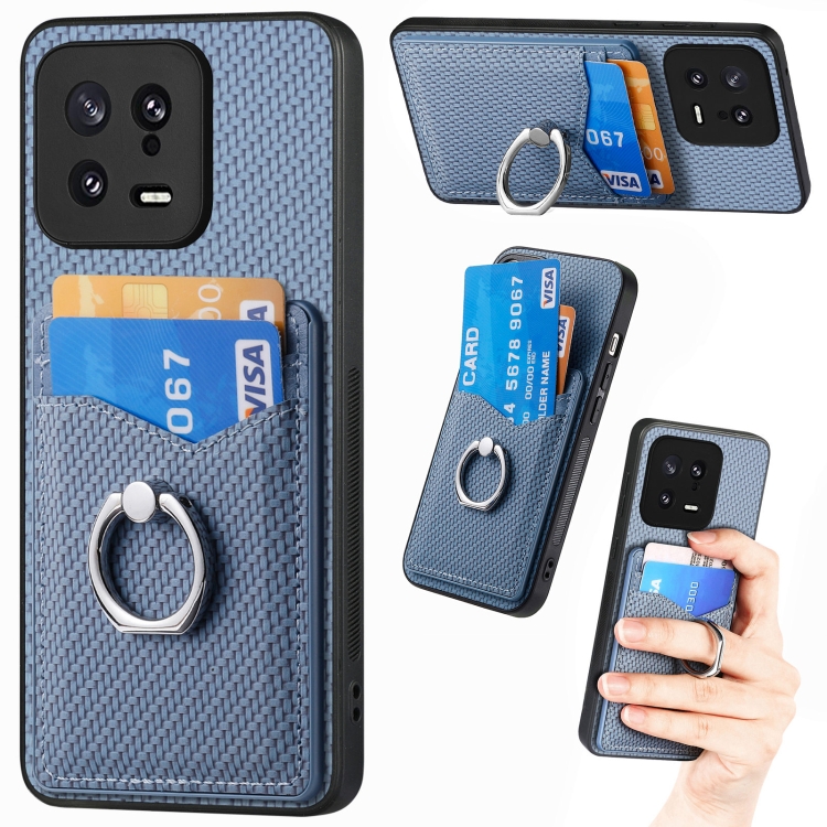 

For Xiaomi 13 Carbon Fiber Card Wallet Ring Holder Phone Case(Blue)