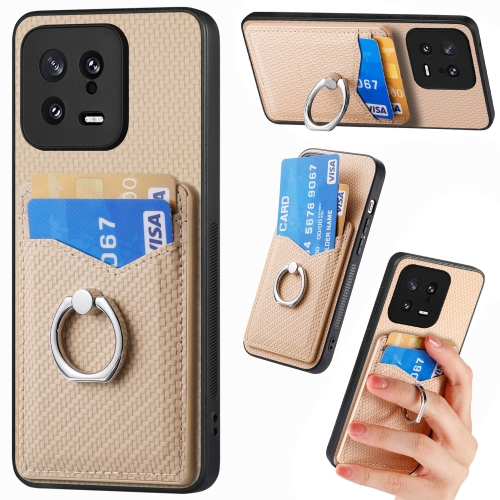 

For Xiaomi 13 Carbon Fiber Card Wallet Ring Holder Phone Case(Khaki)