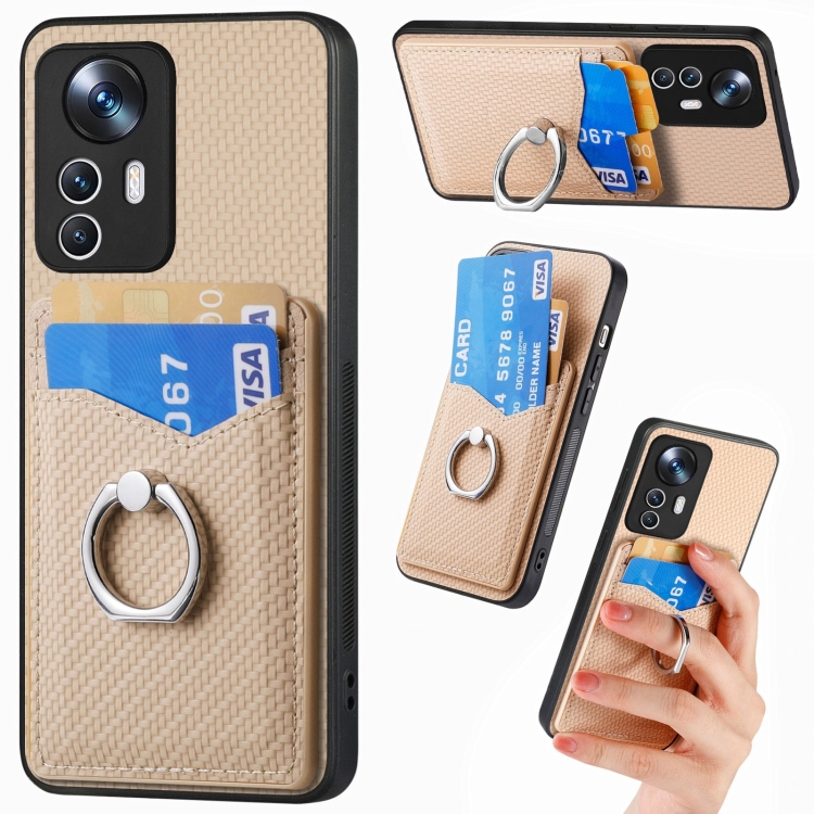 

For Xiaomi 12T Carbon Fiber Card Wallet Ring Holder Phone Case(Khaki)