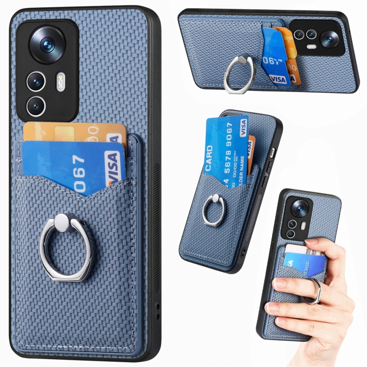 

For Xiaomi 12T Pro Carbon Fiber Card Wallet Ring Holder Phone Case(Blue)