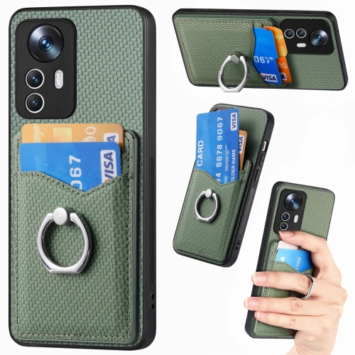 

For Xiaomi 12T Pro Carbon Fiber Card Wallet Ring Holder Phone Case(Green)