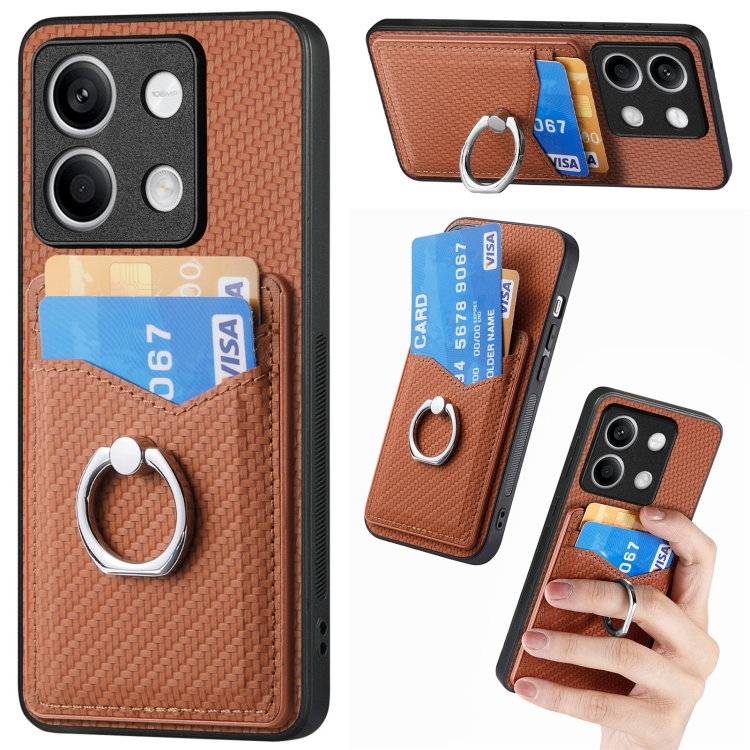 

For Xiaomi Redmi Note 13 Carbon Fiber Card Wallet Ring Holder Phone Case(Brown)