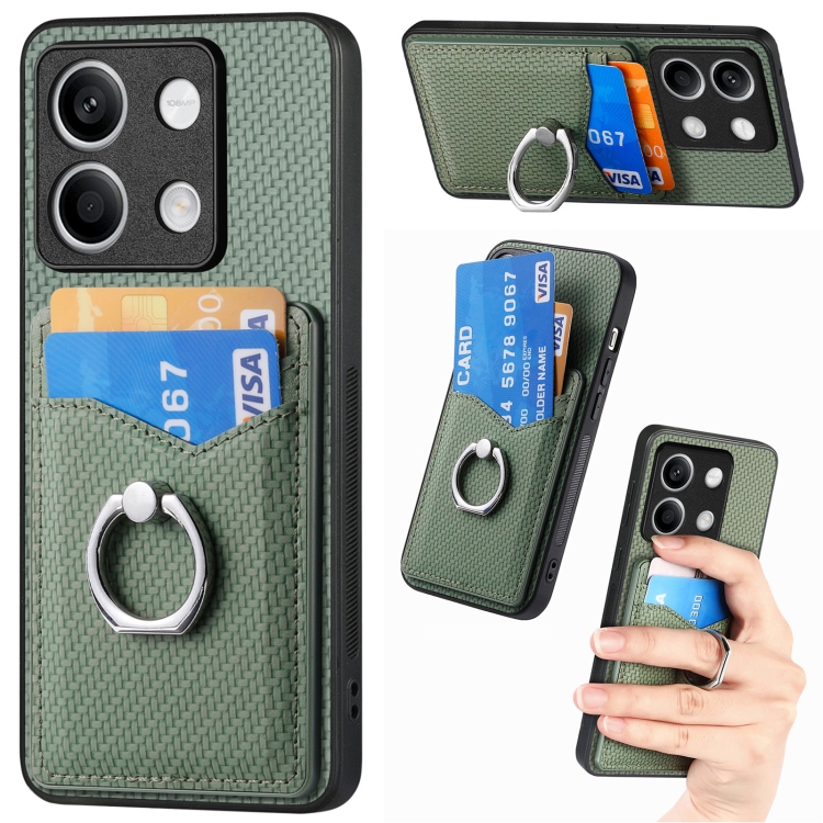 

For Xiaomi Redmi Note 13 Carbon Fiber Card Wallet Ring Holder Phone Case(Green)
