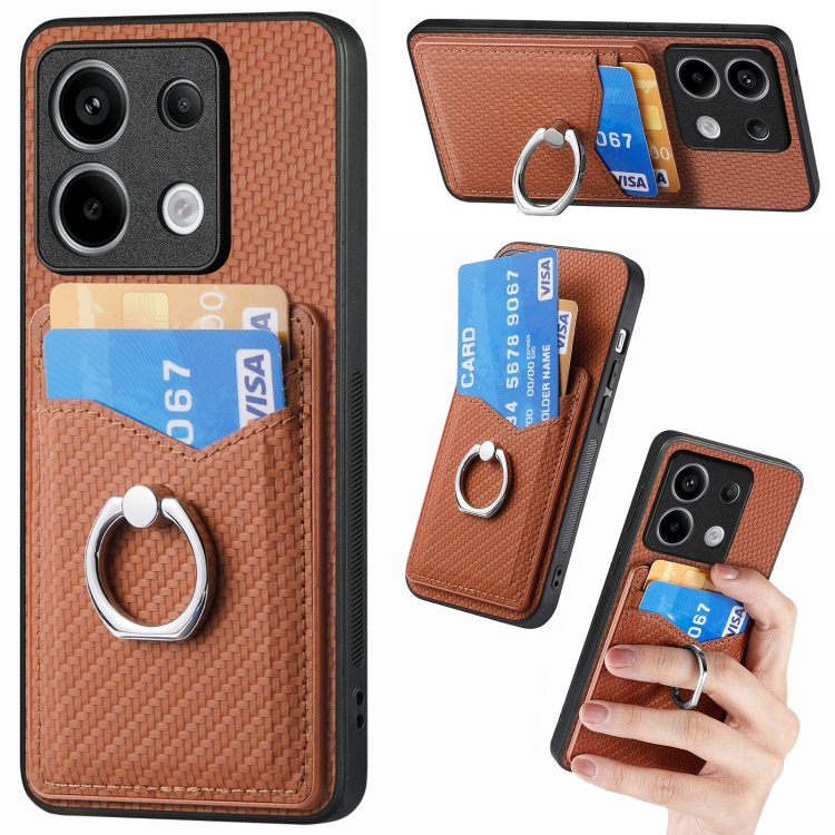 

For Xiaomi Redmi Note 13 Pro+ Carbon Fiber Card Wallet Ring Holder Phone Case(Brown)