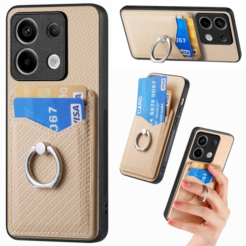 

For Xiaomi Redmi Note 13 Pro+ Carbon Fiber Card Wallet Ring Holder Phone Case(Khaki)