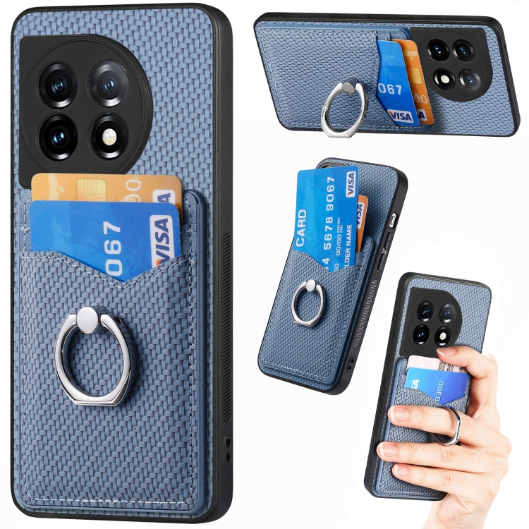 

For OnePlus 11 Carbon Fiber Card Wallet Ring Holder Phone Case(Blue)