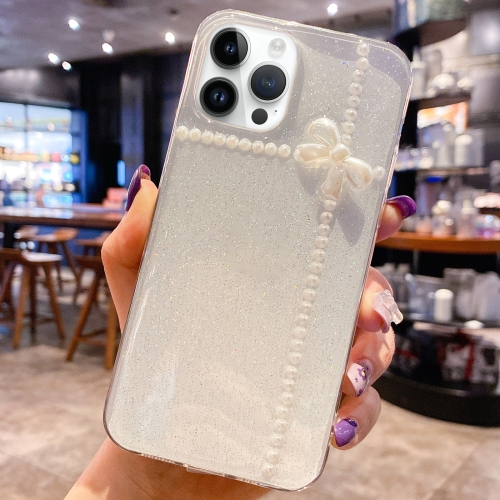 

For iPhone 15 Pro Max Pearl Bow Glitter Epoxy TPU Phone Case(Cross Knots)