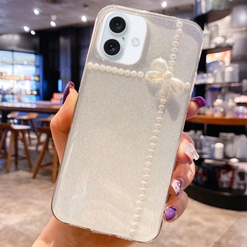 

For iPhone 16 Pearl Bow Glitter Epoxy TPU Phone Case(Cross Knots)