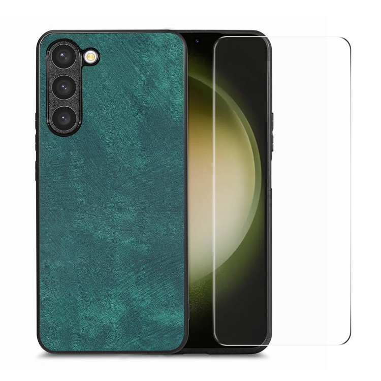 

For Samsung Galaxy S23 5G ENKAY Retro Leather Skin PC Phone Case with 0.18mm Glass Film(Green)