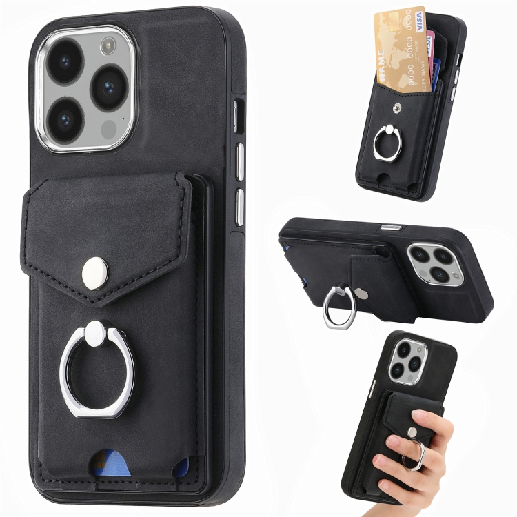 

For iPhone 14 Pro Max Electroplating Skin-feel Leather Ring Card Wallet Phone Case(Black)