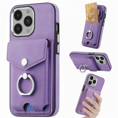 

For iPhone 14 Pro Max Electroplating Skin-feel Leather Ring Card Wallet Phone Case(Purple)