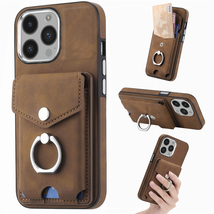 

For iPhone 14 Pro Electroplating Skin-feel Leather Ring Card Wallet Phone Case(Brown)
