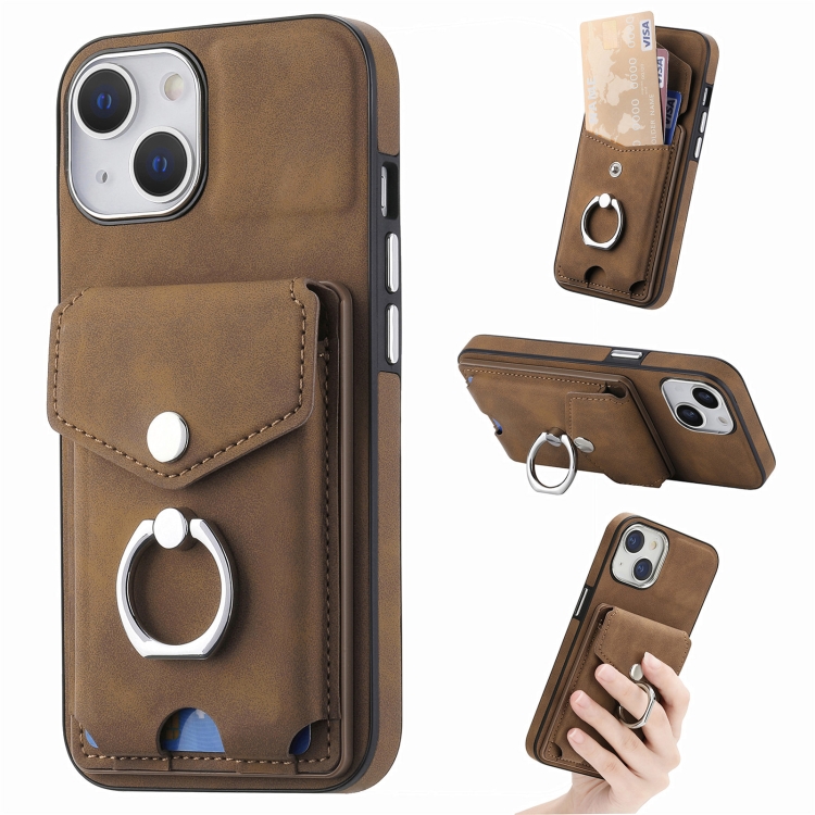 

For iPhone 15 Electroplating Skin-feel Leather Ring Card Wallet Phone Case(Brown)