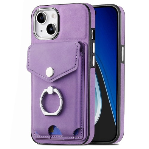 

For iPhone 15 Electroplating Skin-feel Leather Ring Card Wallet Phone Case(Purple)