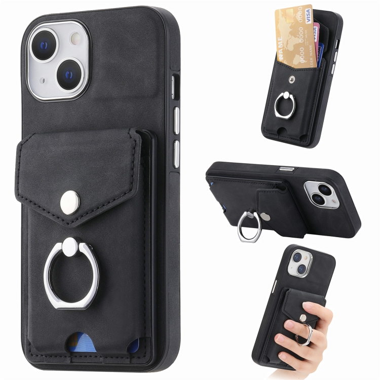 

For iPhone 15 Plus Electroplating Skin-feel Leather Ring Card Wallet Phone Case(Black)
