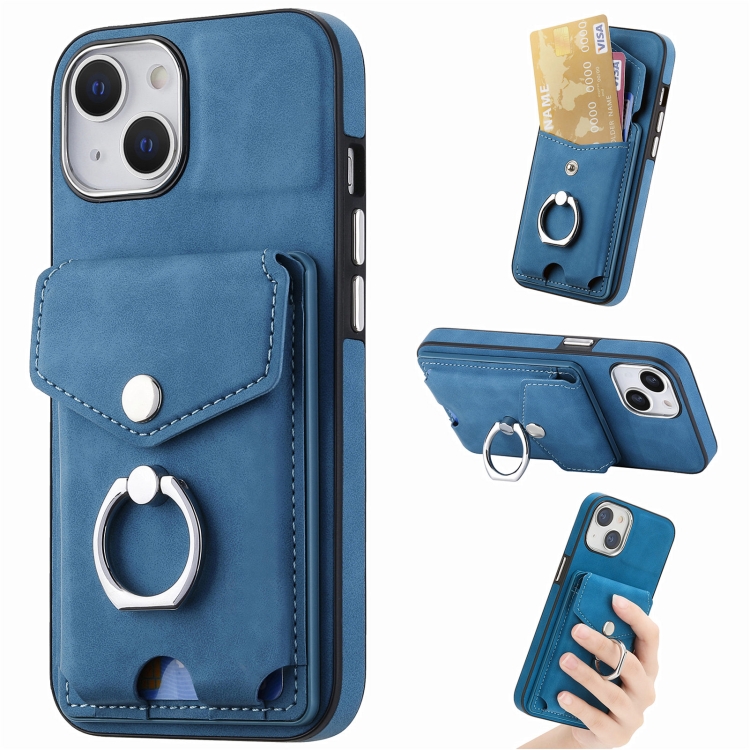 

For iPhone 15 Plus Electroplating Skin-feel Leather Ring Card Wallet Phone Case(Blue)