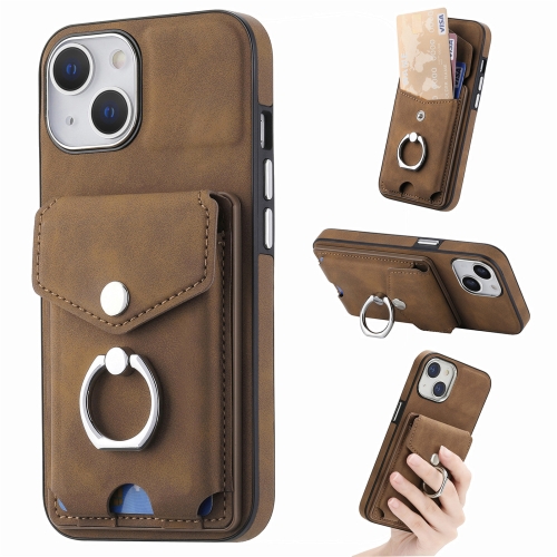 

For iPhone 15 Plus Electroplating Skin-feel Leather Ring Card Wallet Phone Case(Brown)