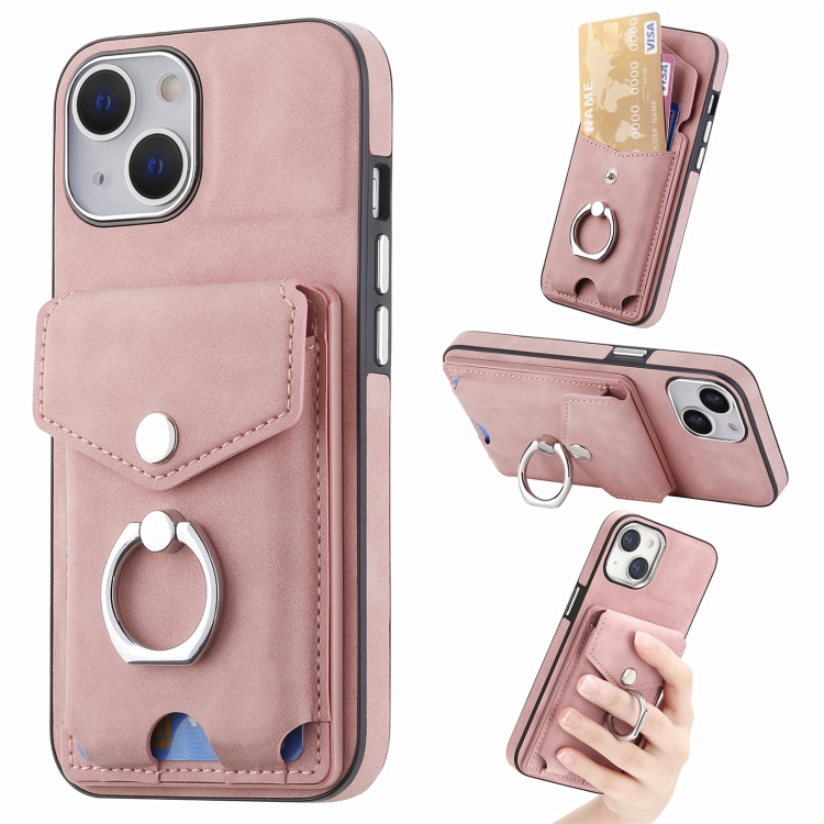 

For iPhone 15 Plus Electroplating Skin-feel Leather Ring Card Wallet Phone Case(Pink)