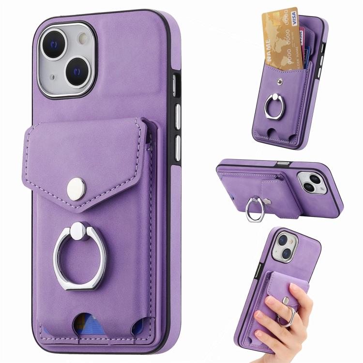 

For iPhone 15 Plus Electroplating Skin-feel Leather Ring Card Wallet Phone Case(Purple)