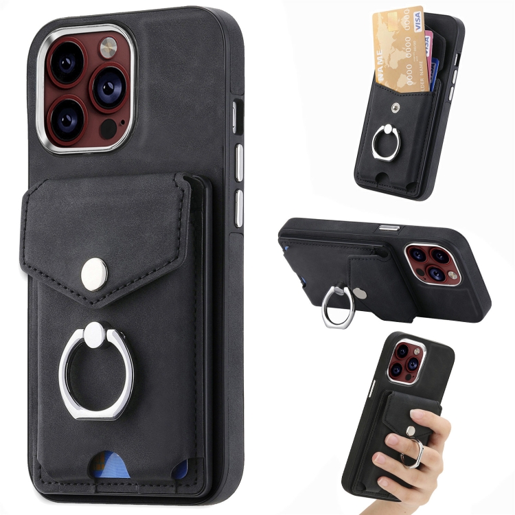 

For iPhone 15 Pro Electroplating Skin-feel Leather Ring Card Wallet Phone Case(Black)