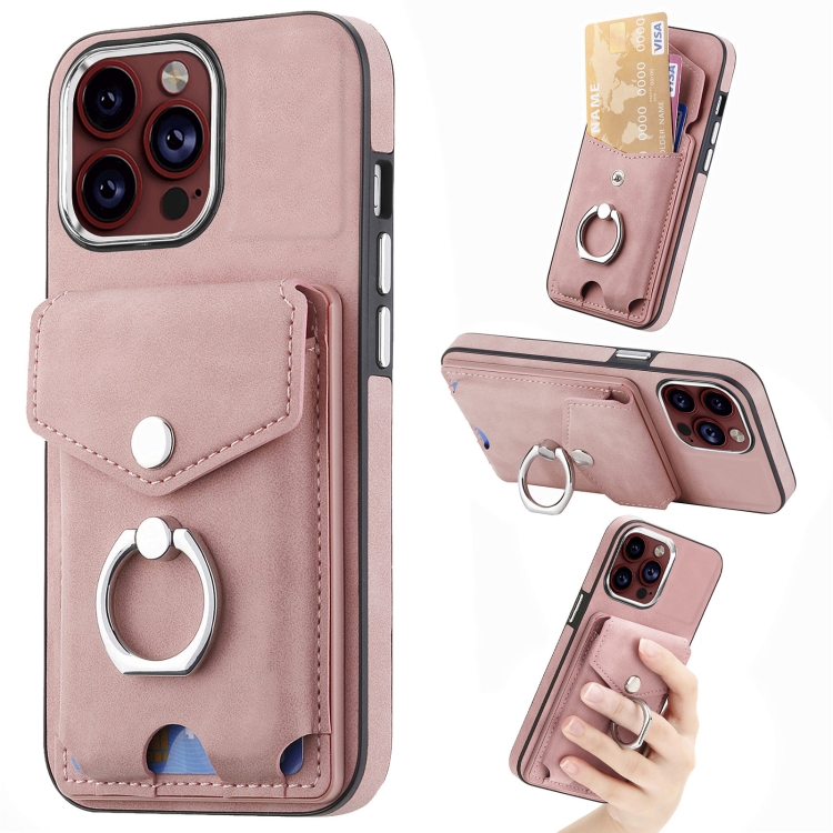 

For iPhone 15 Pro Electroplating Skin-feel Leather Ring Card Wallet Phone Case(Pink)