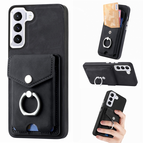 

For Samsung Galaxy S22+ 5G Electroplating Skin-feel Leather Ring Card Wallet Phone Case(Black)