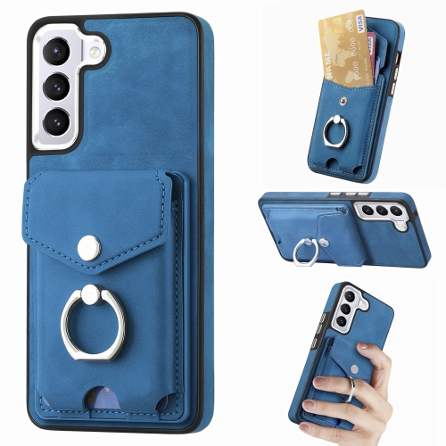 

For Samsung Galaxy S22+ 5G Electroplating Skin-feel Leather Ring Card Wallet Phone Case(Blue)