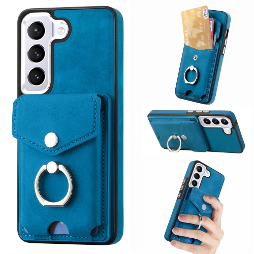 

For Samsung Galaxy S23 Ultra 5G Electroplating Skin-feel Leather Ring Card Wallet Phone Case(Blue)