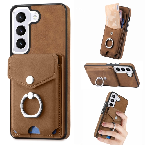 

For Samsung Galaxy S23 Ultra 5G Electroplating Skin-feel Leather Ring Card Wallet Phone Case(Brown)