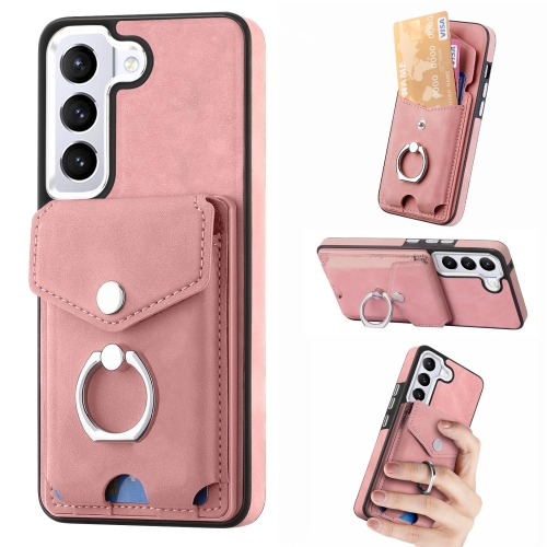 

For Samsung Galaxy S23 Ultra 5G Electroplating Skin-feel Leather Ring Card Wallet Phone Case(Pink)