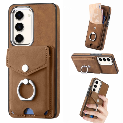 

For Samsung Galaxy S23 5G Electroplating Skin-feel Leather Ring Card Wallet Phone Case(Brown)