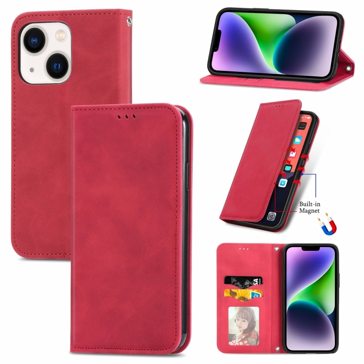 

For iPhone 15 Retro Skin Feel Magnetic Flip Leather Phone Case(Red)