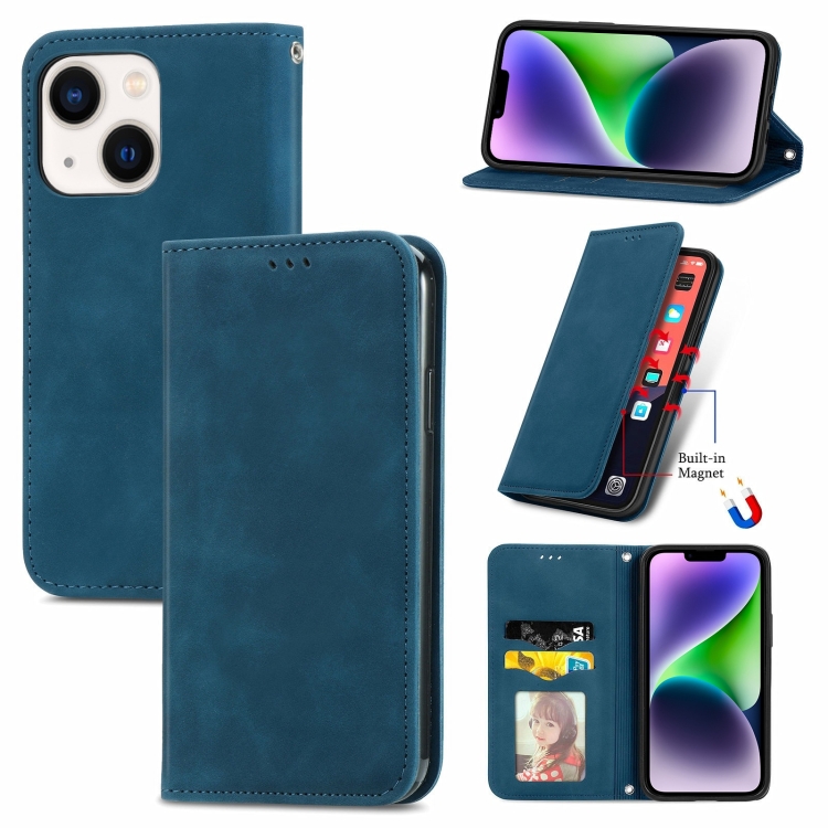 

For iPhone 15 Retro Skin Feel Magnetic Flip Leather Phone Case(Blue)