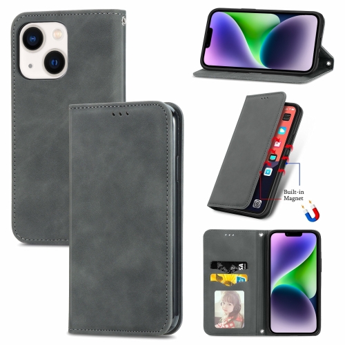 

For iPhone 15 Retro Skin Feel Magnetic Flip Leather Phone Case(Gray)