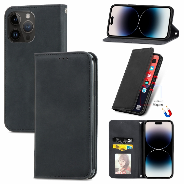 

For iPhone 15 Pro Retro Skin Feel Magnetic Flip Leather Phone Case(Black)