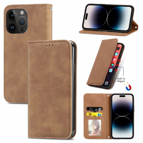 for iphone 15 plus butterfly flower pattern flip leather phone case brown For iPhone 15 Pro Retro Skin Feel Magnetic Flip Leather Phone Case(Brown)
