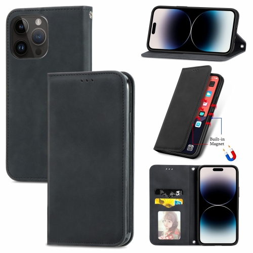 For iPhone 15 Pro Max Retro Skin Feel Magnetic Flip Leather Phone Case(Black) for samsung galaxy s23 5g line pattern skin feel leather phone case coffee