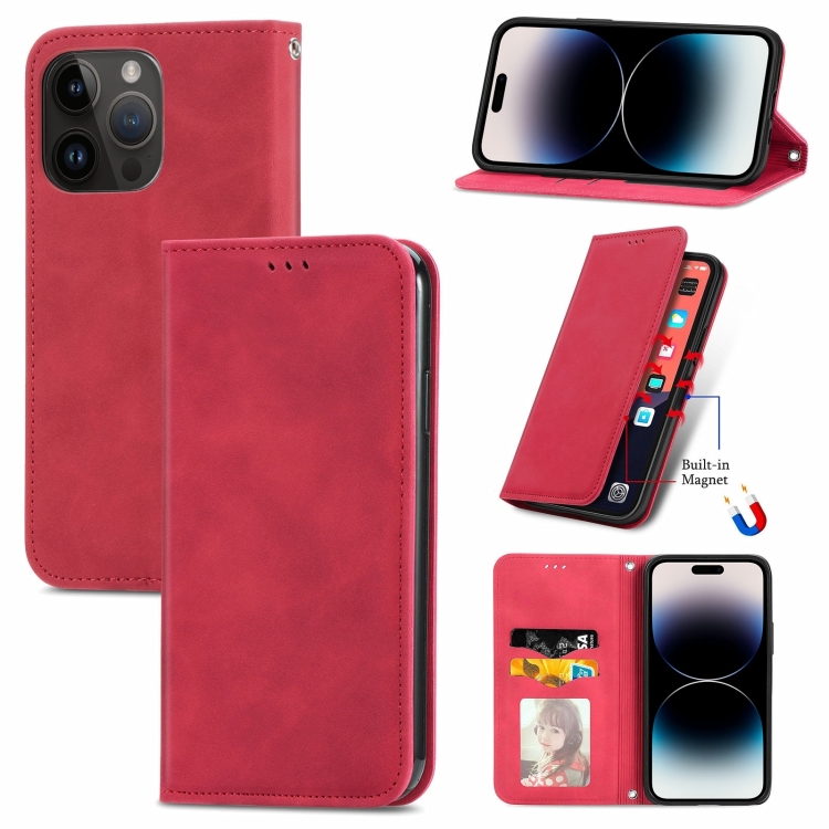 

For iPhone 15 Pro Max Retro Skin Feel Magnetic Flip Leather Phone Case(Red)