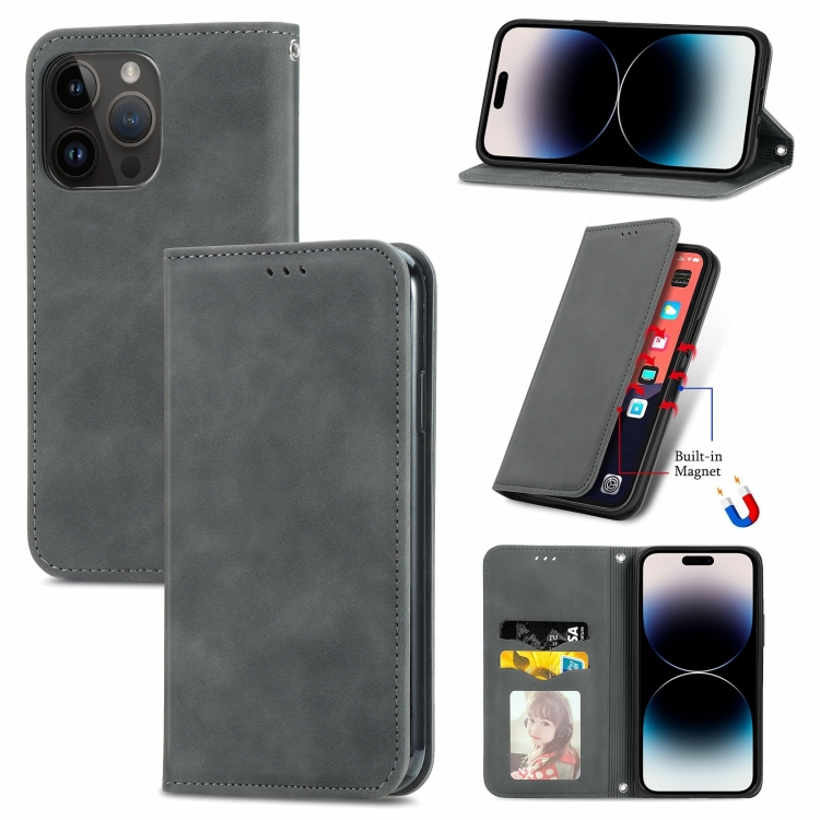 

For iPhone 15 Pro Max Retro Skin Feel Magnetic Flip Leather Phone Case(Gray)