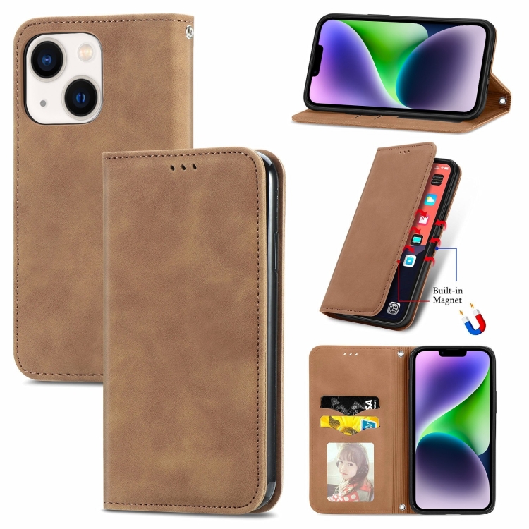 

For iPhone 15 Plus Retro Skin Feel Magnetic Flip Leather Phone Case(Brown)