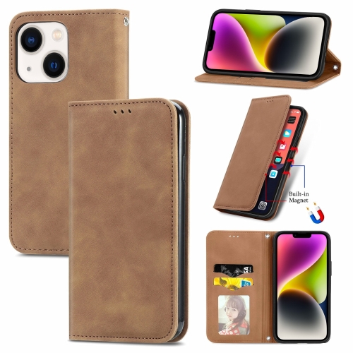 for iphone 15 plus butterfly flower pattern flip leather phone case brown For  iPhone 14 Plus Retro Skin Feel Magnetic Flip Leather Phone Case(Brown)