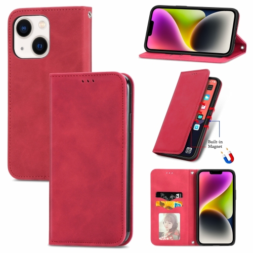 For  iPhone 14 Plus Retro Skin Feel Magnetic Flip Leather Phone Case(Red) fajarina top quality 100% cowhide leather retro men s solid brass double pin buckle men s belts for men casual styles n17fj1022