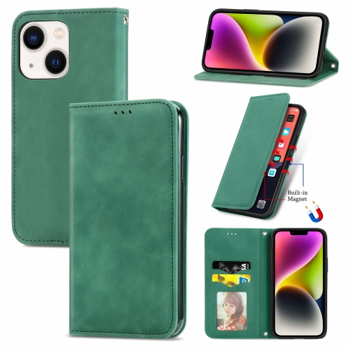 

For iPhone 14 Plus Retro Skin Feel Magnetic Flip Leather Phone Case(Green)