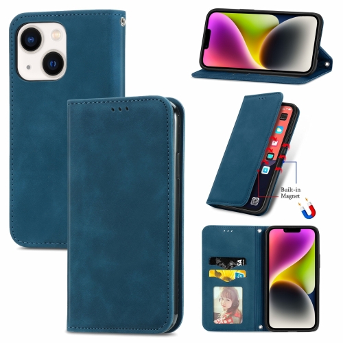 

For iPhone 14 Plus Retro Skin Feel Magnetic Flip Leather Phone Case(Blue)