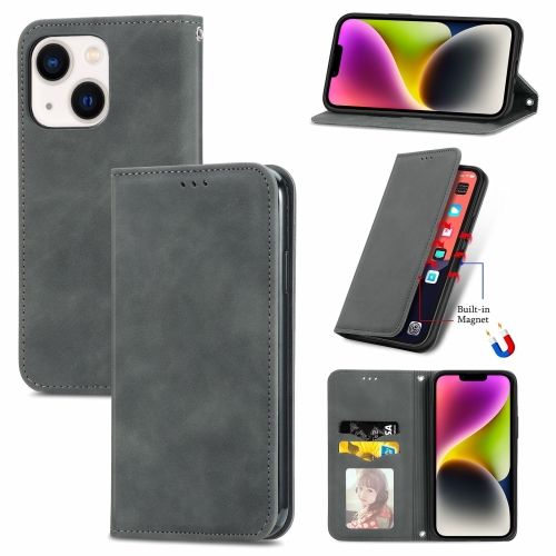 

For iPhone 14 Plus Retro Skin Feel Magnetic Flip Leather Phone Case(Gray)