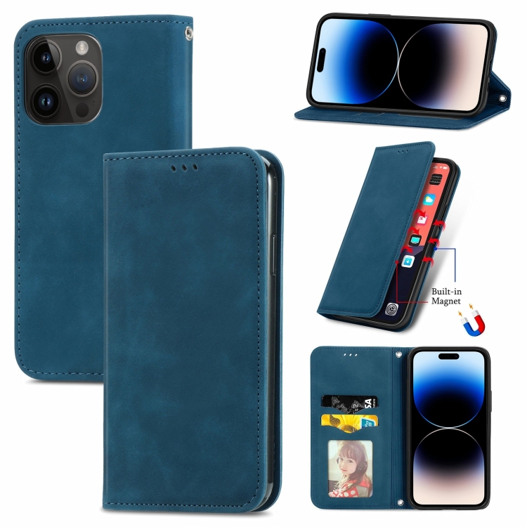 

For iPhone 14 Pro Retro Skin Feel Magnetic Flip Leather Phone Case(Blue)