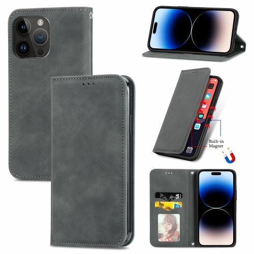 

For iPhone 14 Pro Retro Skin Feel Magnetic Flip Leather Phone Case(Gray)