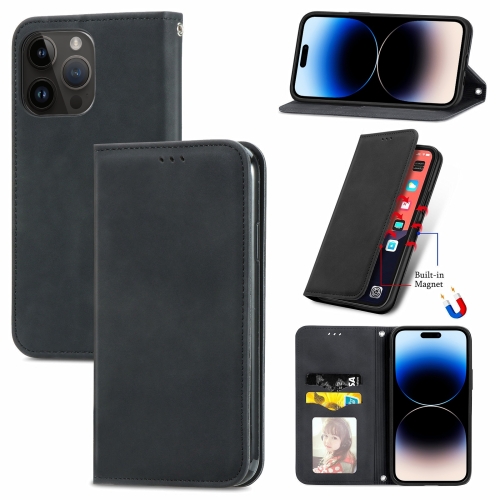 

For iPhone 14 Pro Max Retro Skin Feel Magnetic Flip Leather Phone Case(Black)